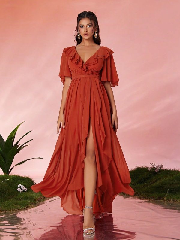 Chiffon Layered V-Neck Ruffle Slit Front High-End Evening Gown With Pearls