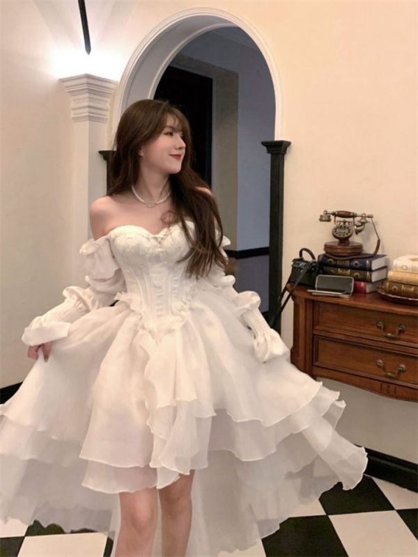 MEXZT Elegant Slash Neck Midi Dress Women Fairy Party Prom Ruffles Irregular Dresses Summer Korean
