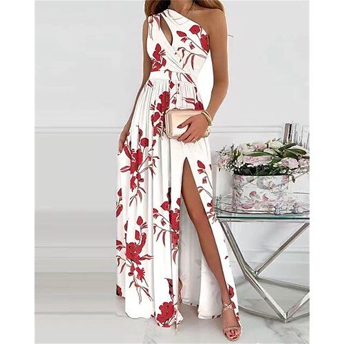 Women's Long Dress Maxi Dress Casual Dress A Line Dress Floral Dress Summer Dress Elegant Stylish Vacation Daily Date Regular Fit Floral Sleeveless One Shoulder White Pink Red Summer