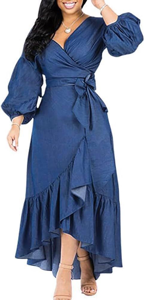 utcoco Womens Casual Belted Long Sleeve Denim Dress Wrapped V-Neck Ruffle Hem Maxi Denim Dresses for Women 2025