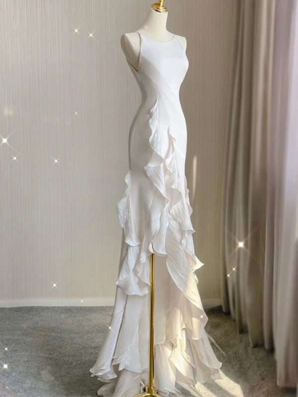 Cyflymder prom dresses Elegant White Round Neck Slim Fit Sleeveless Women Wedding Dress Evening Party Gown with Ruffles Vestidos De Novia - red / 10