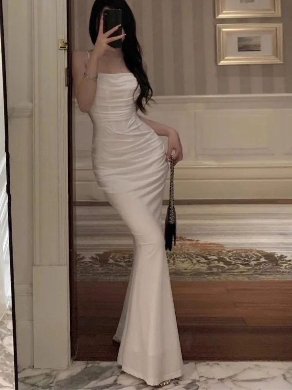 Kylethomasw Women Elegant Sexy Bodycon Mermaid Long Dresses Summer New Fashion Strap Evening Party Runway Prom Robe Korean Vestidos Mujer - white / S