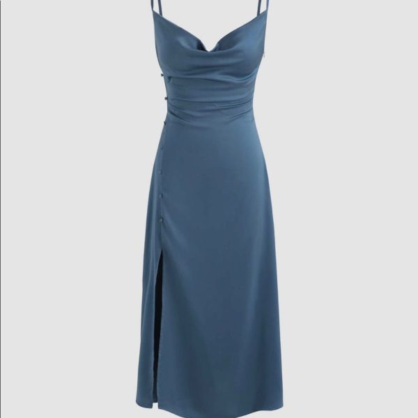 Womens Cider Solid Cowl Neck Slit Midi Dress | Color: Blue | Size: L