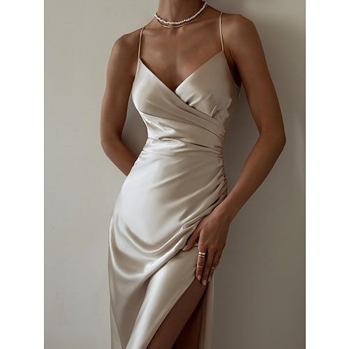 Women's Midi Dress Party Dress Satin Dress Champagne Sleeveless Pure Color Split Ruched V Neck Stylish Elegant Sexy Dress