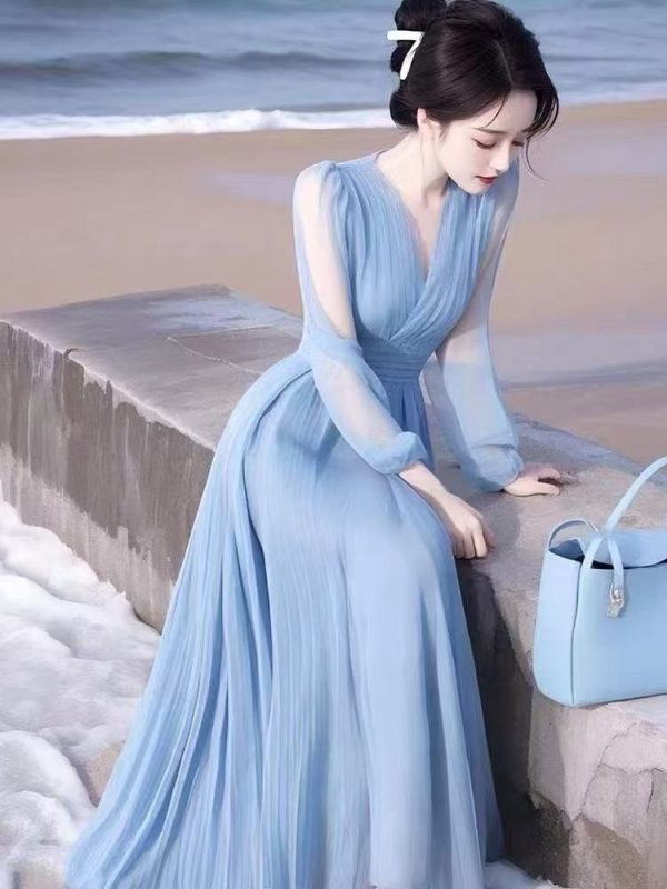 High Quality 2025 Summer Fashion Women Blue Color Chiffon Dress Exquisite Beautiful Vacation Style