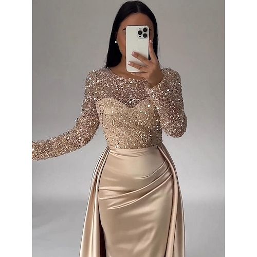 Mermaid Sequin Evening Gown Ruched Champagne Satin Dress Long Sleeves Masquerade Floor Length Illusion Neck with Pearls Overskirt dress 2025