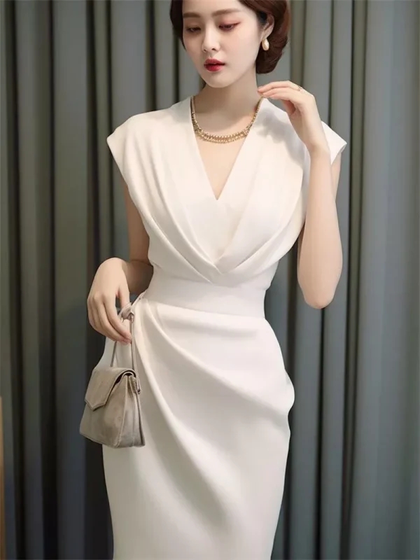 Summer New White Elegant Women's Formal Dress Vintage V-Neck High Waist A-Line Midi Dress Celebrity
