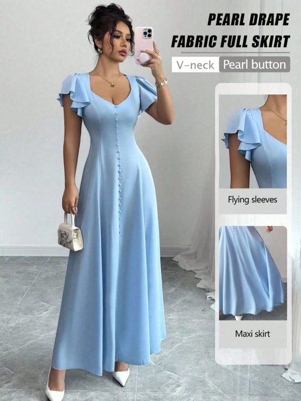 2025 Spring/Summer Tall Women Blue Butterfly Sleeve V-Neck Bodycon Long Dress, Unique Design For Dates, Vacation