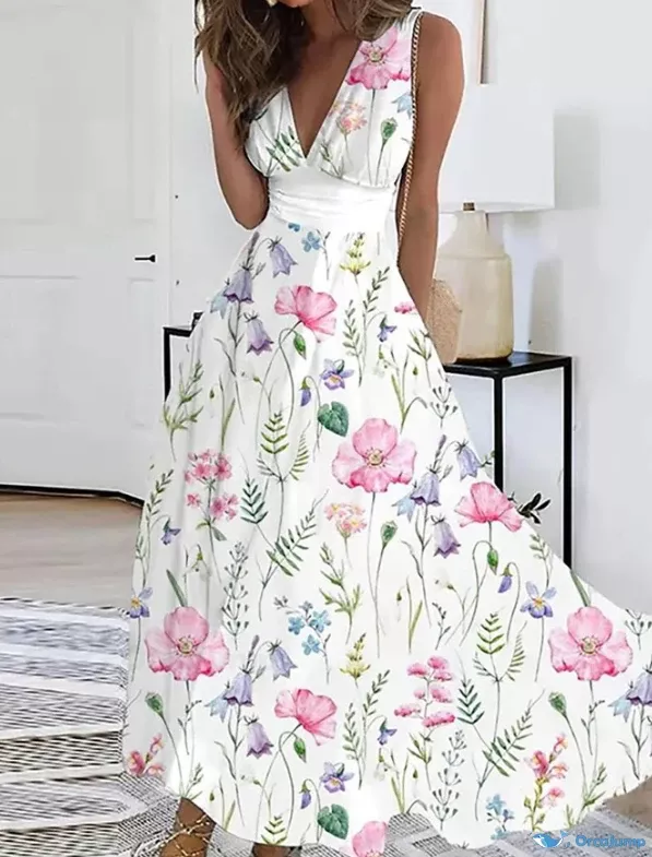 OrcaJump – Chic and Elegant Sleeveless V-neck Fit and Flare Dress with Figure-Flattering Waistline Cinching