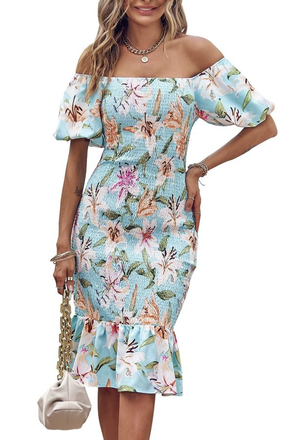 PRETTYGARDEN Summer Floral Bodycon Midi Dresses 2025 Puff Sleeve Mermaid Cocktail Baby Shower Photoshoot Maternity Dress