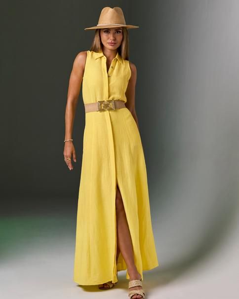 Sleeveless Linen Maxi Shirt Dress  - Lemon Drop