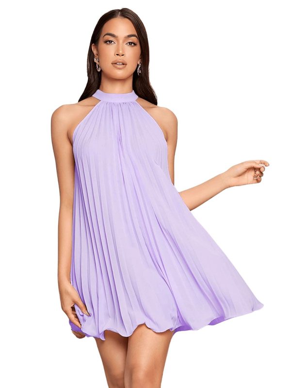 SweatyRocks Women's Casual Sleeveless Tie Back Halter Dress Mini Swing Pleated A-line Loose Dress