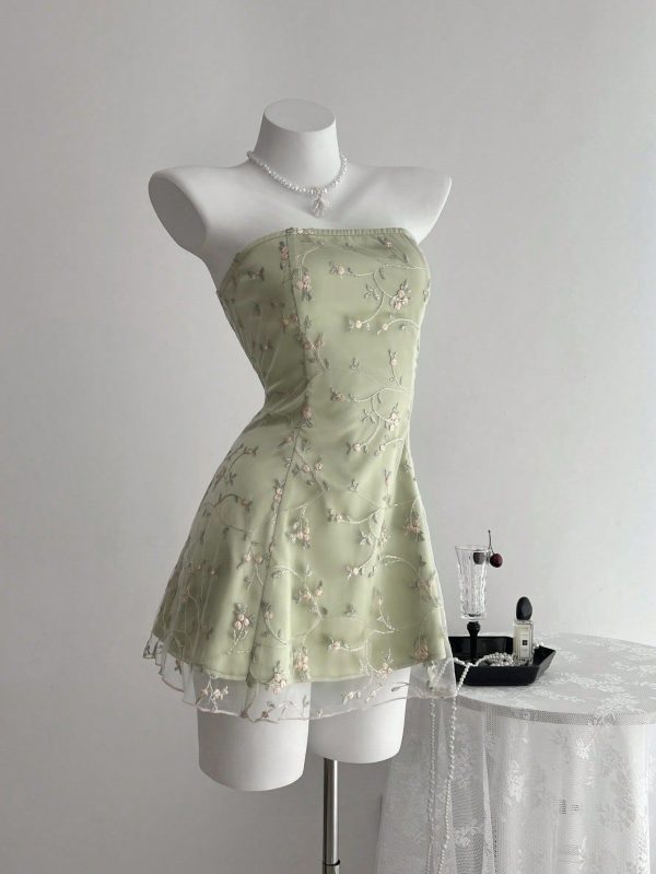 Women's Summer Simple Vintage Green Satin Embroidered Mesh Tube Top Short Dress