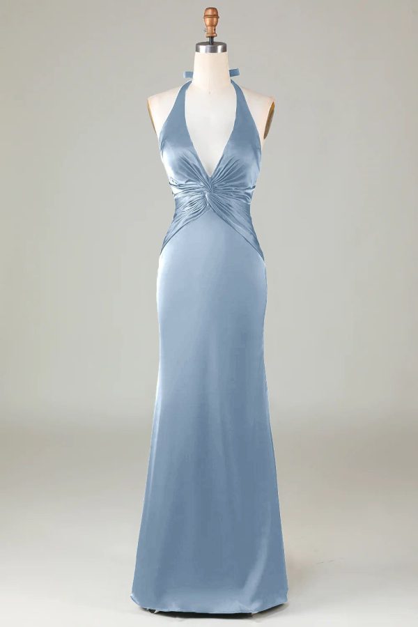 Zapakasa Women Mermaid Halter Dusty Blue Long Satin Bridesmaid Dress Sheath Prom Dress