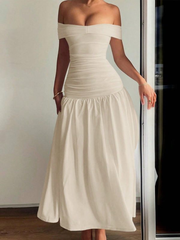 Women Summer New White Knit Patchwork Cold Shoulder Ruched Long Elegant Dress