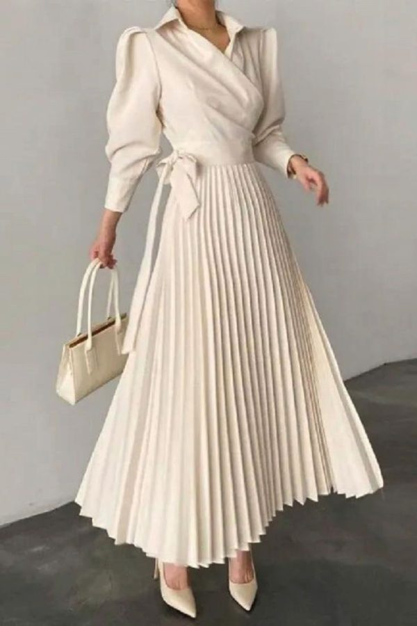 Pleated Asymmetric Solid Color Lapel Maxi Dress