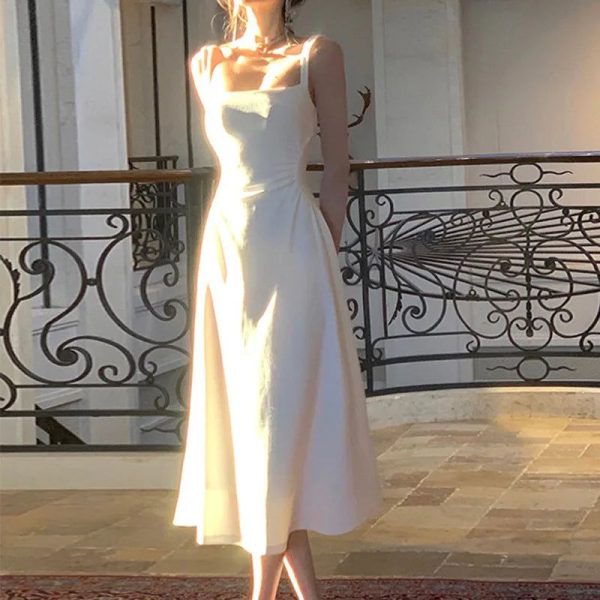 Summer Evening Party White Midi Dress Office Lady Slim Sexy Sleeveless