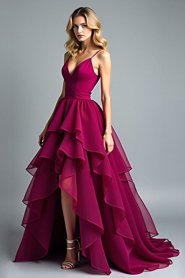 ZAPAKASA Women A Line Tiered Chiffon Burgundy Formal Dress Elegant V-Neck Asymmetrical Spaghetti Straps Long Prom Dress