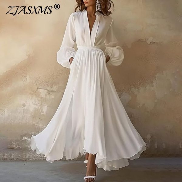 New Sexy Deep V Neck Solid Boho Long Dress Women Elegant Lace-up Loose Maxi Dress Spring Long Sleeve