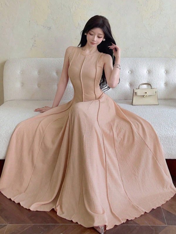 Women Sleeveless Floral Lace Trim Fit-And-Flare Elegant Party Dress