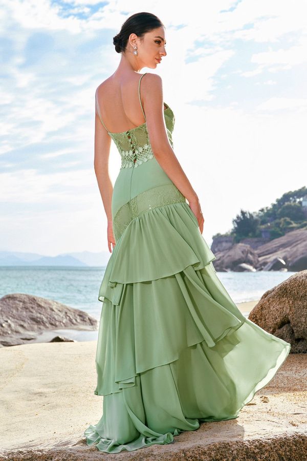 Zapakasa Women Green Mermaid Ruffled Bridesmaid Dress with Lace Floral Chiffon Long Wedding Party Dress
