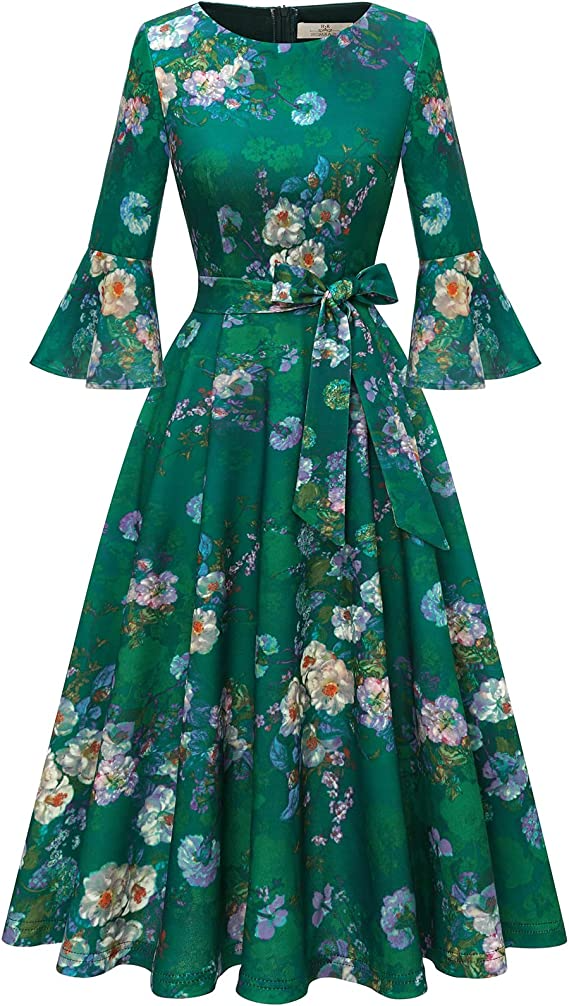 HomRain Women's Elegant Bell Sleeve Cocktail Tea Party Dresses for Wedding Guest Modest Church Vintage Evening Dress