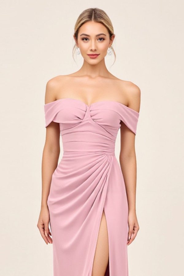 Zapakasa Women Blush Pink Maxi Sheath Bridesmaid Dress with Slit Off the Shoulder Sleeveless Long Ruched Wedding Guest Dress