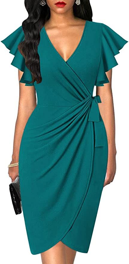 oten Womens Deep V Neck Ruffle Sleeve Sheath Casual Cocktail Party Work Faux Wrap Dress