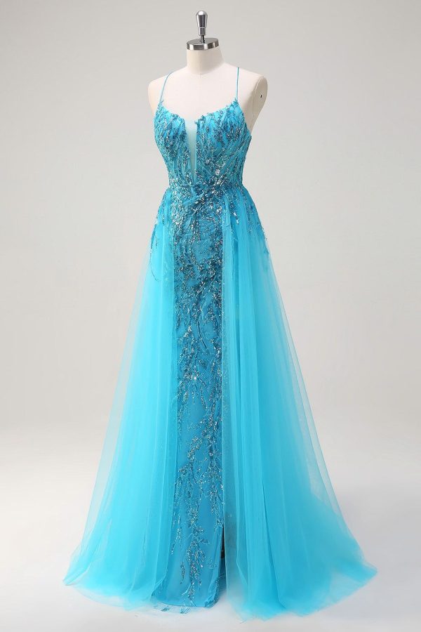 Zapakasa Women Blue Sequin Long Prom Dress with Side Cape Spaghetti Straps A-Line Formal Dress with Slit