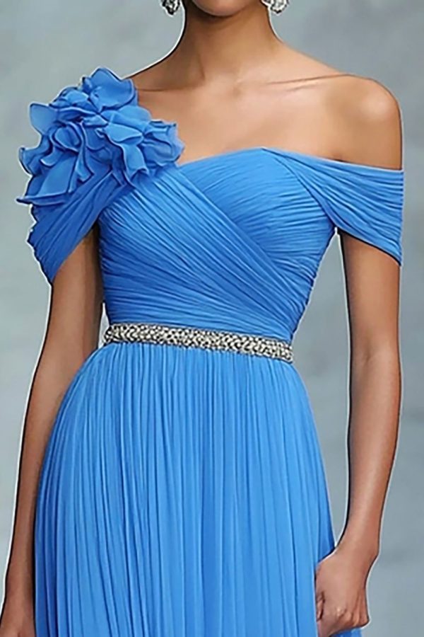 ZAPAKASA Women Blue Gala Ball Dress A Line Off The Shoulder Ruched Long Formal Dress