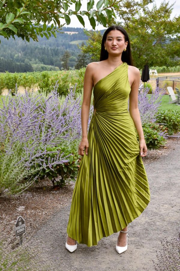 Pre-Order - Olympia Olive Green Pleated One Shoulder Gown - 5/15