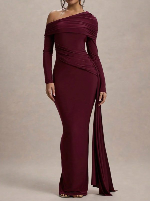 Asymmetrical Neck Long Sleeve Draped Bodycon Party Club Cocktail Dress, Wedding Guest Dress, Formal Dress, Evening Dress