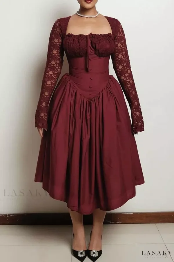 Lasaky – Elegant A-Line Dresses with Lace Detailing and Square Collar Patchwork Design