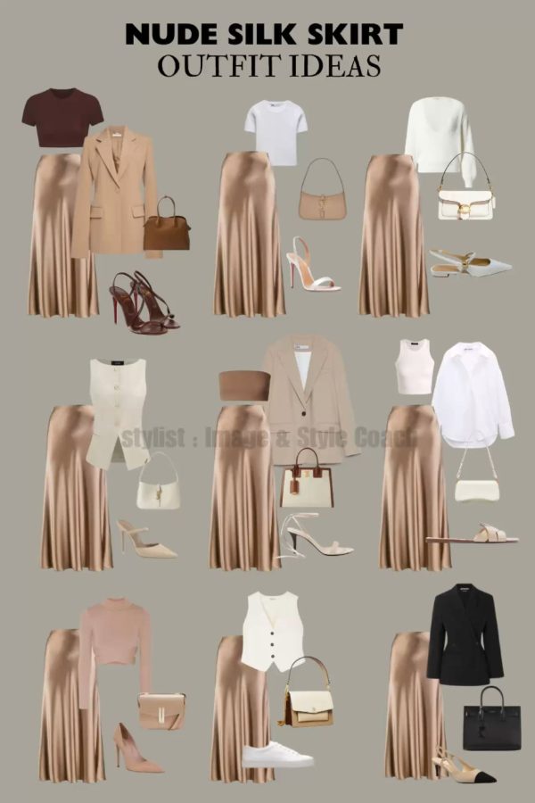 Maxi Nude silk skirt outfit ideas