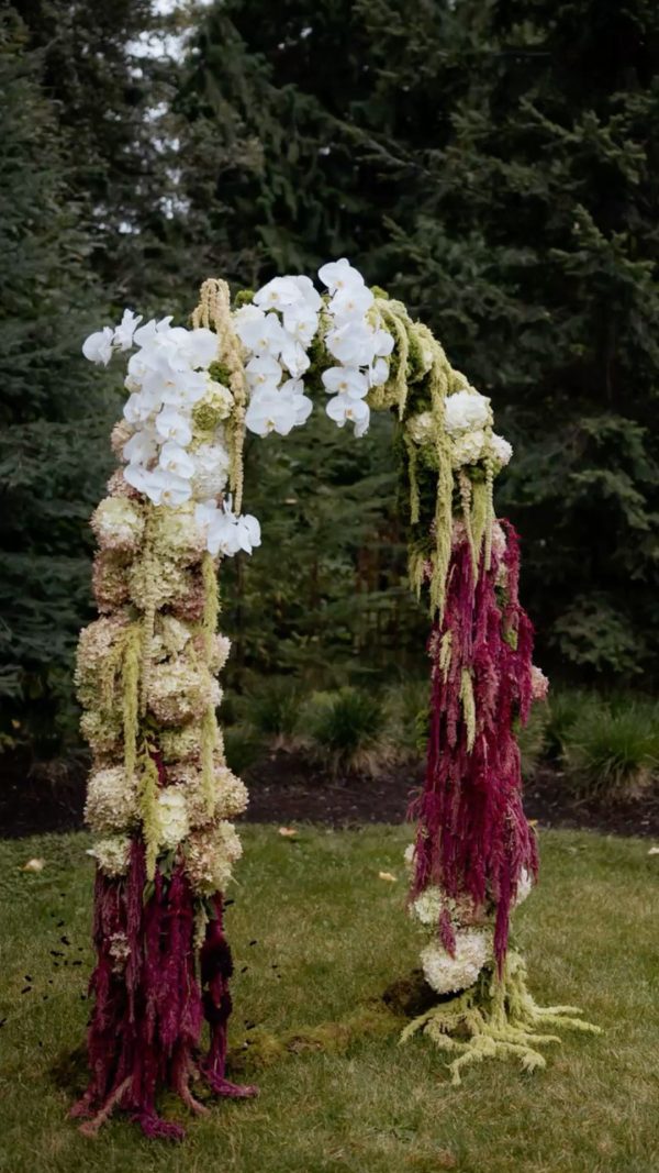 Amaranth orchid hydrangea modern wedding arch