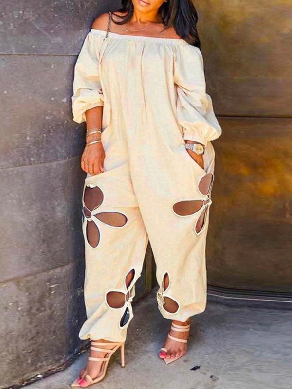 Women Casual Plain Spring/Fall Natural No Elasticity Daily Loose Ankle Pants Cold Shoulder Linen Jumpsuits