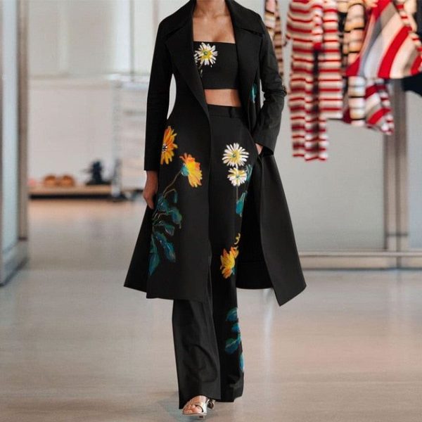 Women Long Trench Coat Sets Autumn Winter New Fashion Temperament Prin