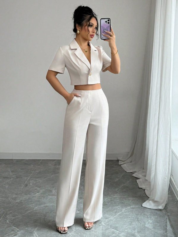 Short Sleeve Cropped Blazer Jacket, Elegant Women Business Suit Set, Minimalist Style For Commuting