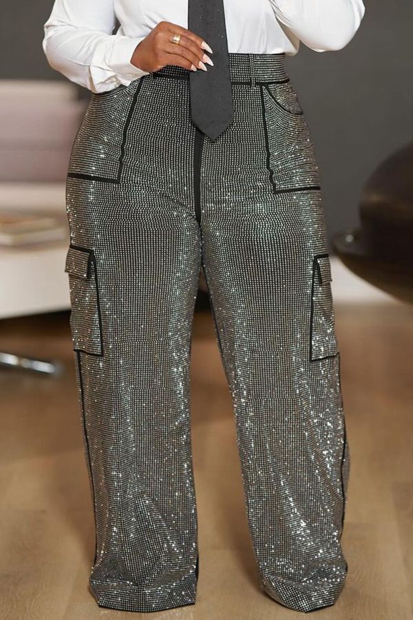 Plus Size Cocktail Party Black Sequin Pocket Pants