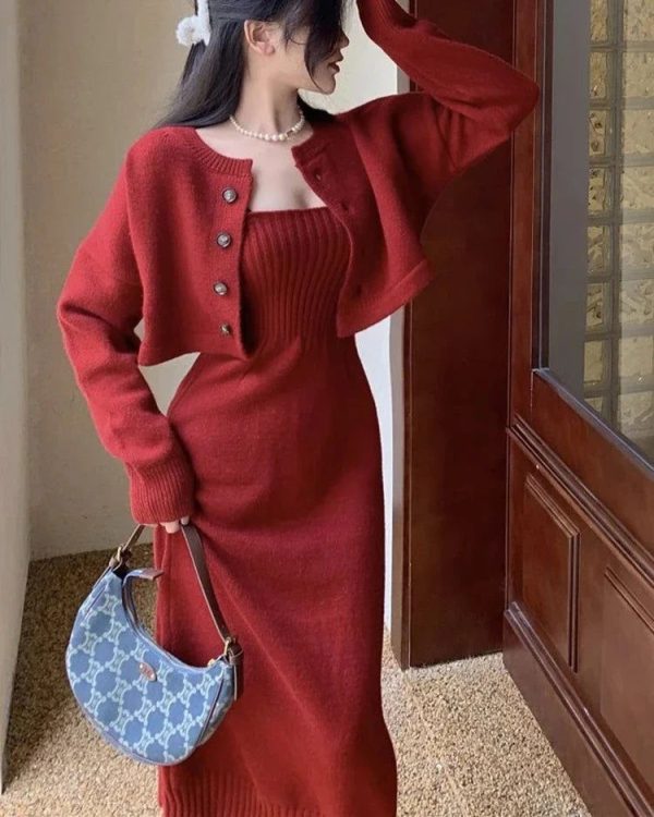 Cyflymder DRESS TO IMPRESS Elegant Red Knitting Dress Women Korean Fas