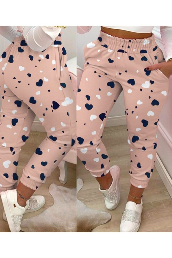 Styles Spring Summer Fashion Solid And Print Shirring Waist Pocket Design Casual Long Cargo Pants Sportswear Women's Trousers 928-0 heart-L