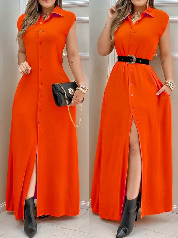 Women's Elegant Holiday Metal Buckle Leather Belt Shirt Dress, Fashion Casual