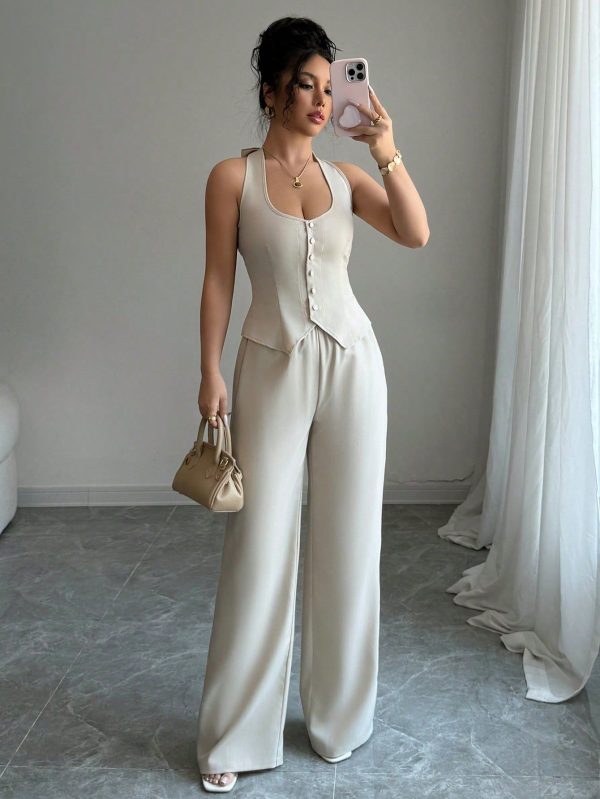 Women Single-Breasted Halter Top And Pants Casual Suit, Spring/Summer