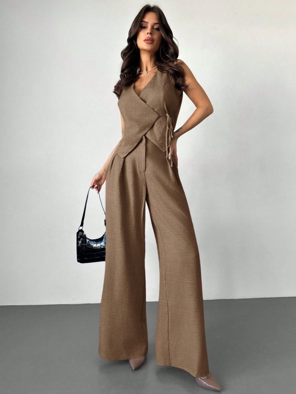 Festival New Simple & Elegant Daily Office Linen Color Solid Wrap Tie Waist Vest & High Waist Pleated Wide Leg Long Pants Suit, Office Wear Vest Suit Set, Spring/Summer,Business Casual Woman