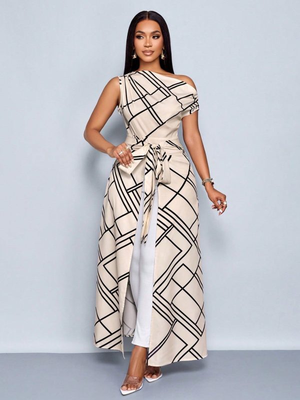 Elegant And Sexy Casual Commuting Business Art Printed Asymmetrical Neck Long Shirt, Suitable For Summer, Spring, Beach Women's Graduation, Spring Break, Concert Attire