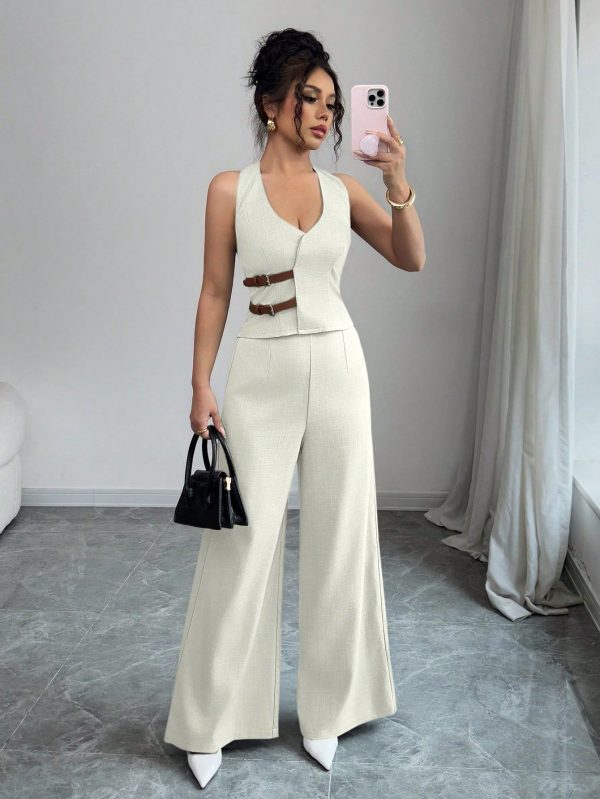 Women's Elegant Unique Business Casual Sleeveless V-Neck Cinched Waist Waist Tank Top And Straight Leg Pants Set, Solid Color, Suitable For Dates And Office