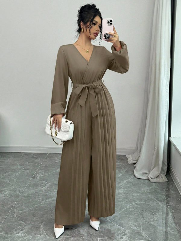 Puff Sleeve Jumpsuit, V-Neck, Tie Waist, Pleated Wide Leg Pants, Elegant Design, Spring New Arrival