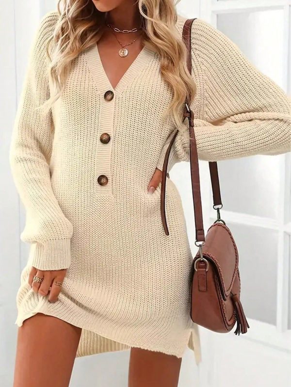 Women's Casual Solid Color Raglan Sleeve Sweater Dress, For Autumn