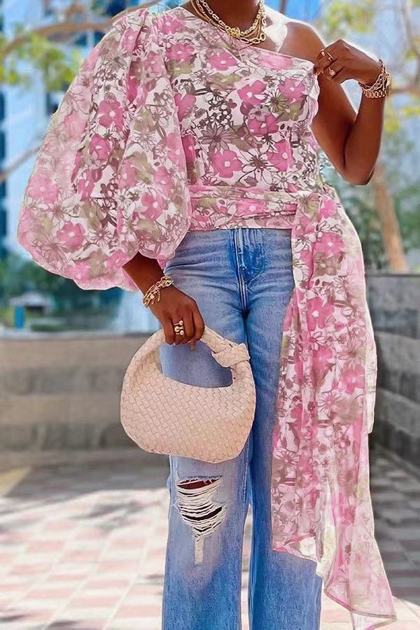 Summer Autumn Fashion Lantern One Shoulder Printed Tops Women Sexy Skew Collar Party Club Street