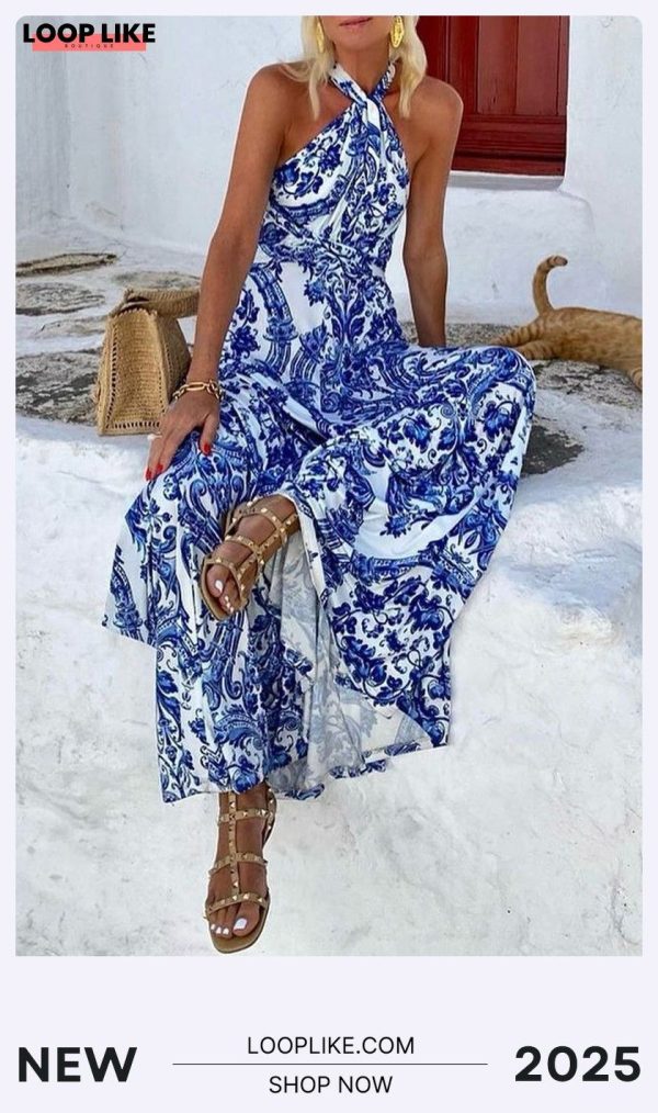 Bohemian Vacation Floral Print Patchwork Halter Sleeveless Dresses